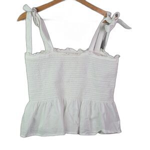 J Crew Smocked Tie Shoulder Cami White L Bow Strap Cotton Tank Coastal